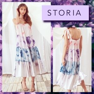 📌 STORIA Pleated Tiered Trapeze Midi Dress W/Self-Tie Shoulder Straps Super Lux!